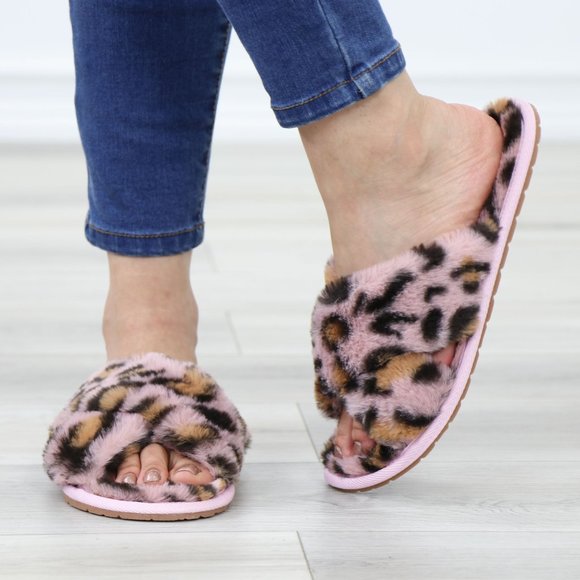 Cross Strap Leopard Blush Pink Puff Fuzzy  Fluffy Slip On Plush Slippers - Picture 11 of 13